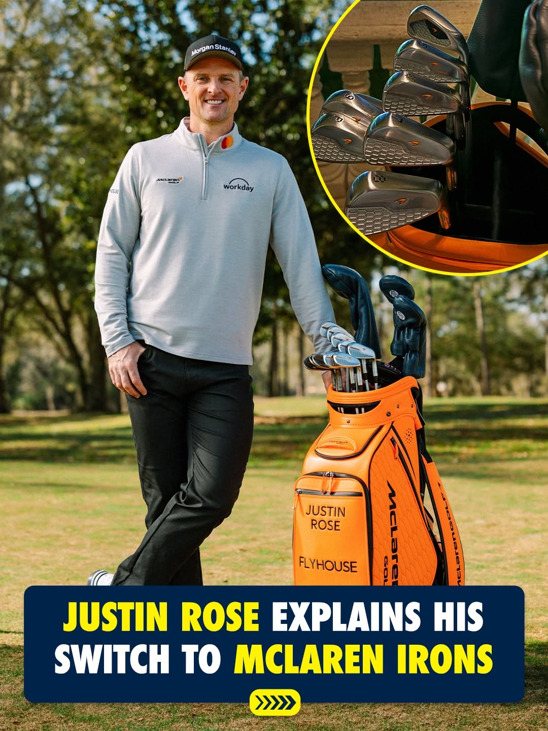 Justin Rose next to a McLaren Golf bag with a close-up inset of McLaren irons