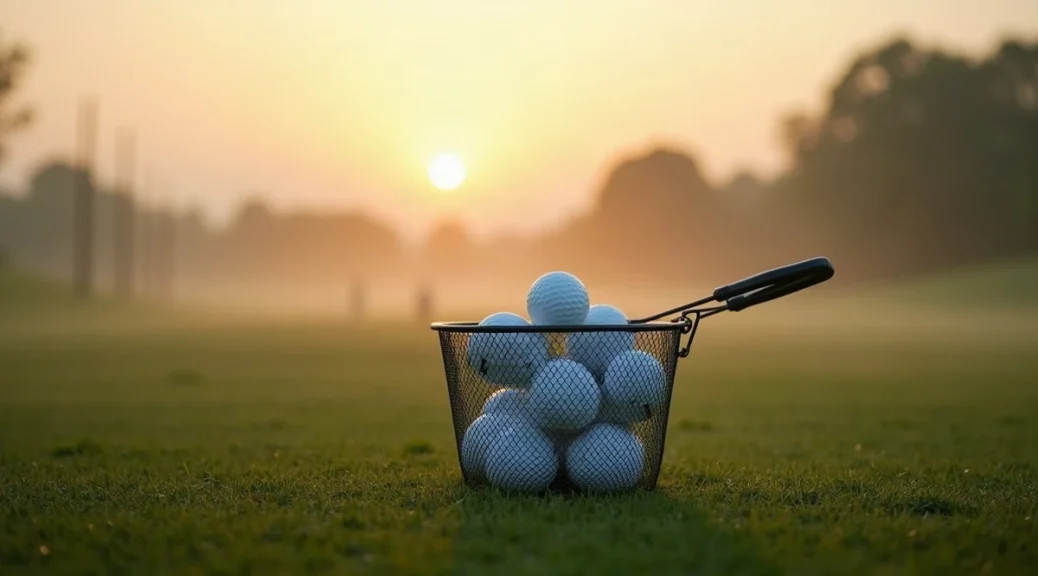 A wire bucket of white golf balls on the grass of an empty driving range at sunrise, mist over the fairway