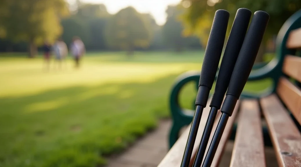 The black rubber grips of three golf clubs leaning against a wooden bench beside a practice green in soft morning light