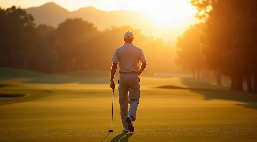 An older golfer seen from behind walking down a fairway at sunrise carrying a single club, long shadows on the grass