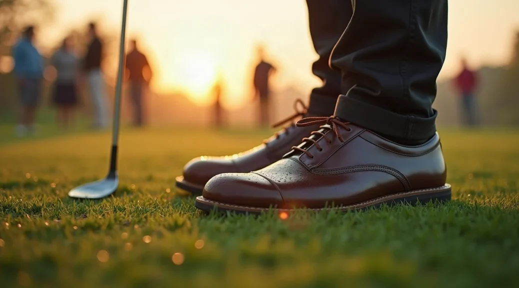 A pair of plain leather golf shoes resting on dewy fairway grass at dawn, with water droplets beading on the toes