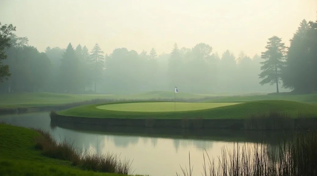 A par three green across a small lake in flat grey evening light, a flag at the back of the green and reeds in the foreground