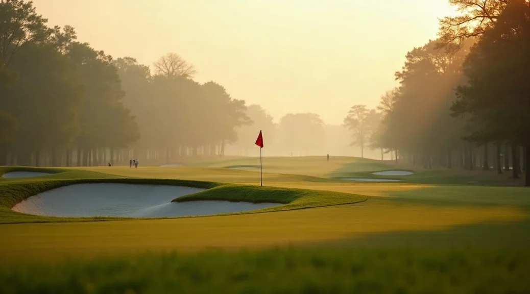 A red flag on a green guarded by a deep bunker, seen from far down the fairway in low evening light with haze over the trees