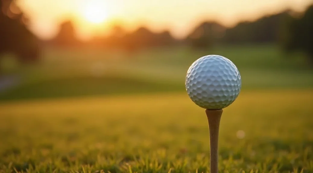 A single plain white unbranded golf ball resting on a wooden tee on a mown tee box at sunrise, with a blurred empty fairway behind and no people or hole in frame