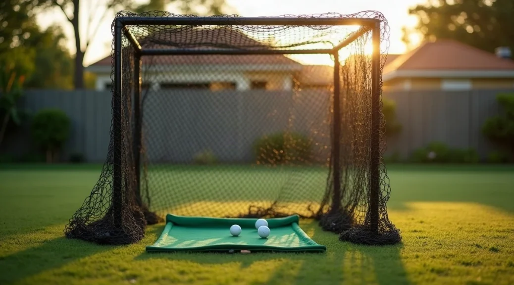A square metal pipe cage draped in loose black netting stands on a backyard lawn, with a green hitting mat and a few white golf balls in front of it in soft evening light
