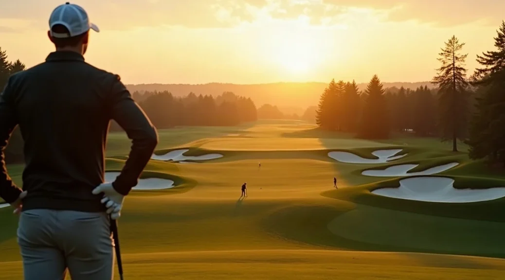 A golfer seen from behind on an elevated tee at sunrise, looking down a long par four with bunkers either side of the fairway