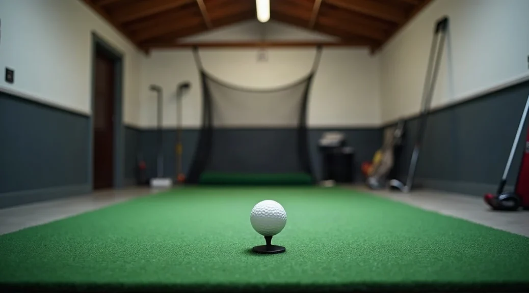 An indoor golf practice bay in a tidy garage: a green hitting mat, a white ball on a rubber tee, a black net hanging behind it and a plain iron leaning against the wall