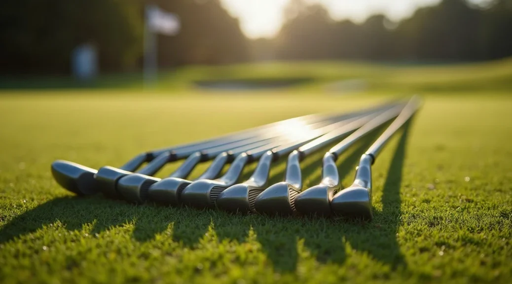 A set of golf irons lying in a neat overlapping row on short fairway grass, steel heads glinting in low morning light