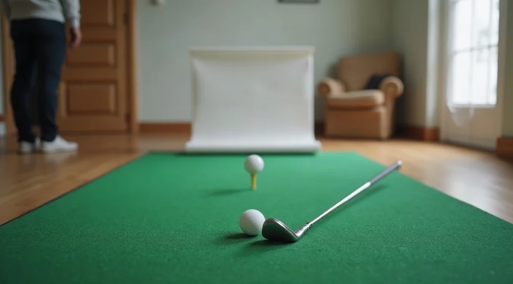 A spare room set up for golf practice: a green hitting mat, a ball on a tee, an iron lying on the mat and a white impact screen