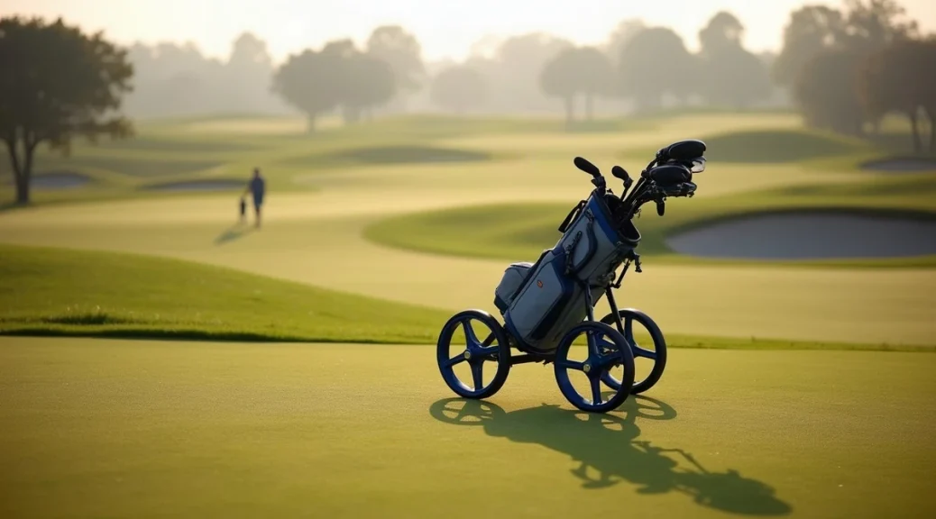 A plain, unbranded three-wheel golf push cart with no bag, standing at rest on an empty sloping fairway in soft morning light, with no people in the frame