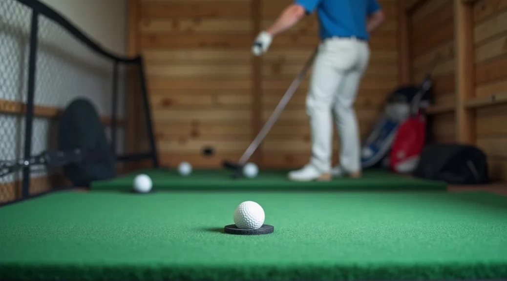 An indoor golf practice bay in a garage: a green hitting mat with a ball on a rubber tee, a net to one side and a golfer setting up to hit