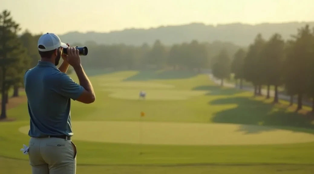 A golfer seen from behind on a fairway, raising a small plain rangefinder to his eye towards a distant green with a flag and a line of trees beyond it, soft morning light