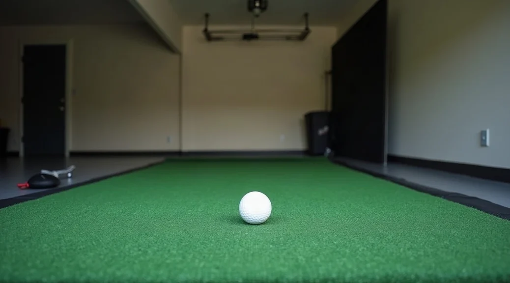 A green hitting mat with a white ball on a tee in front of a plain black impact net in an empty, tidy garage, with a small unbranded launch monitor resting on the floor beside the mat and no people in the frame