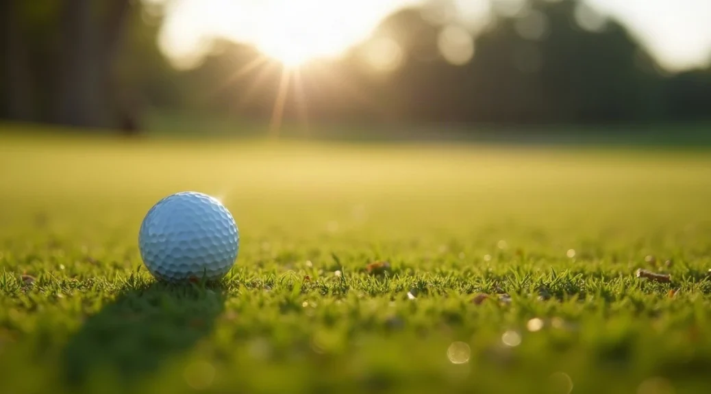 A single golf ball resting on short fairway grass in early morning light, with a empty first tee and a line of trees softly out of focus behind it