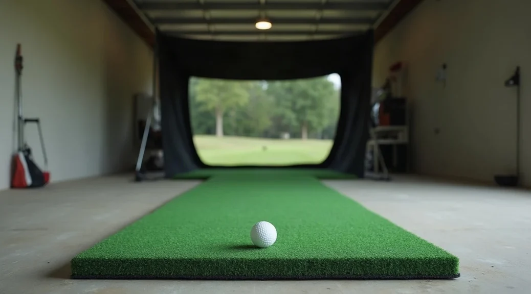 A green hitting mat with a white ball on it in front of a black impact net in a tidy, empty garage with plain concrete walls
