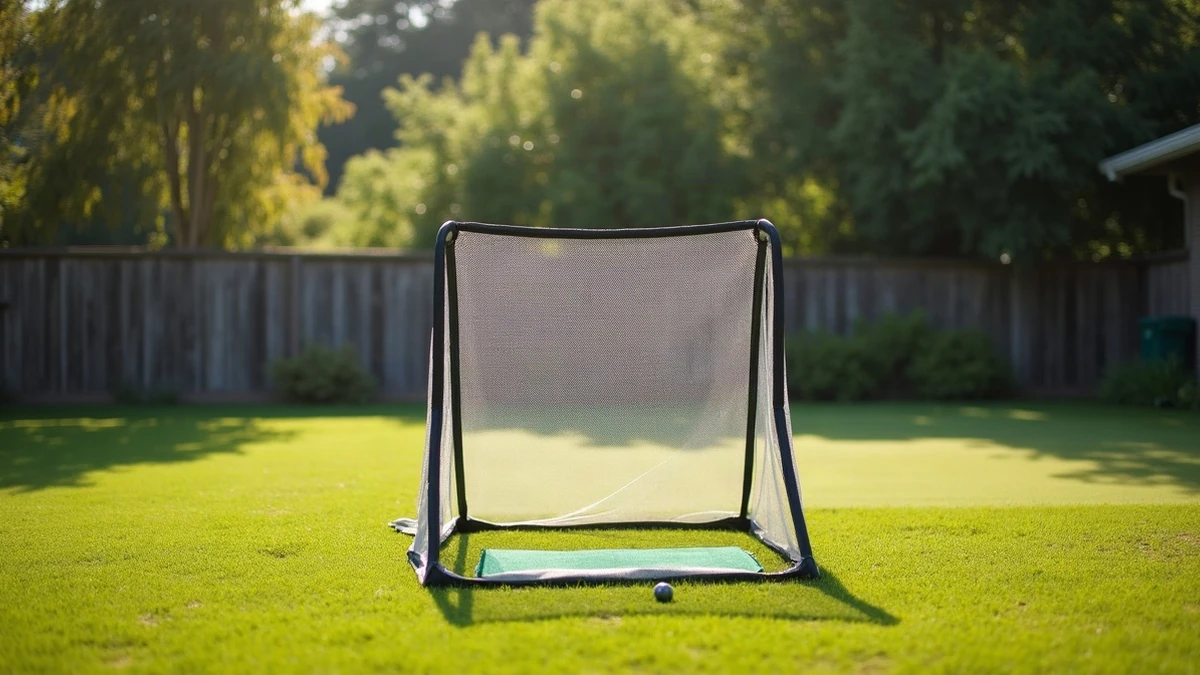 A golf practice net standing on a backyard lawn with a hitting mat in front of it