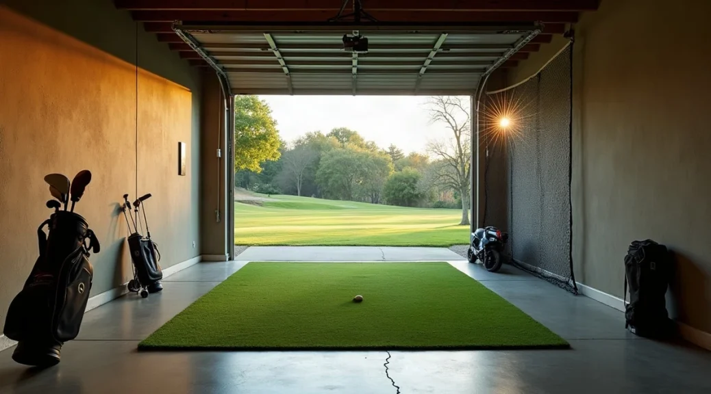 A home garage with a turf hitting mat on the floor, golf bags against the wall and a practice net hanging to one side, the door open to evening light