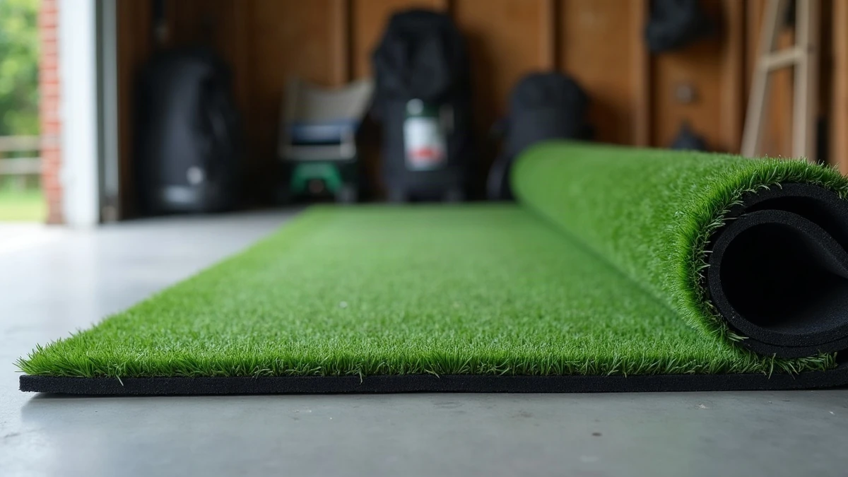 An artificial-turf hitting mat on a concrete garage floor, partly rolled to show its thick black rubber base