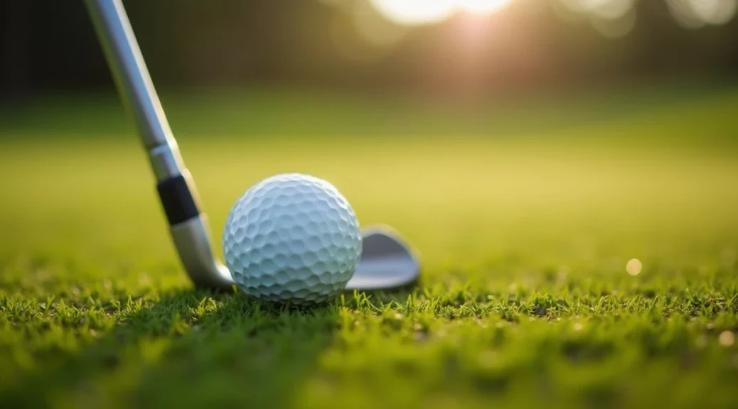 A single plain white golf ball resting on closely mown grass beside a pitching wedge lying on the turf, soft morning light, no people, no writing or logos