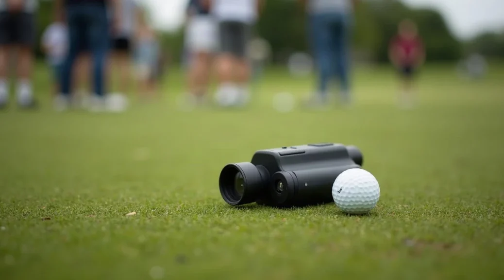A small plain black handheld rangefinder lying on fairway grass beside a white golf ball, a flag far off on the green