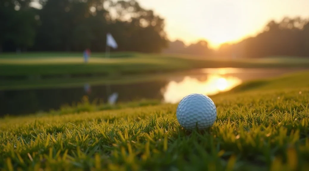 A single plain white golf ball on short grass at the edge of a pond on a golf course at sunrise, a flag on a distant green