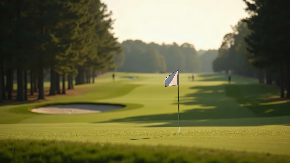 A flag on a green with a bunker beside it and tree lines running down the fairway behind