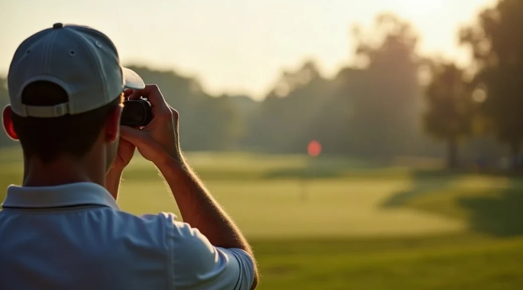 A golfer seen from behind aims a laser rangefinder at a distant flag in early morning light