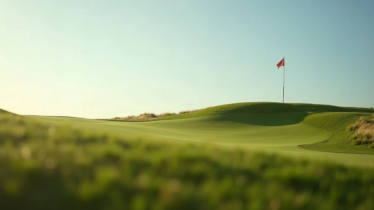 A red flag on a green perched on top of a rise, seen from below against the sky