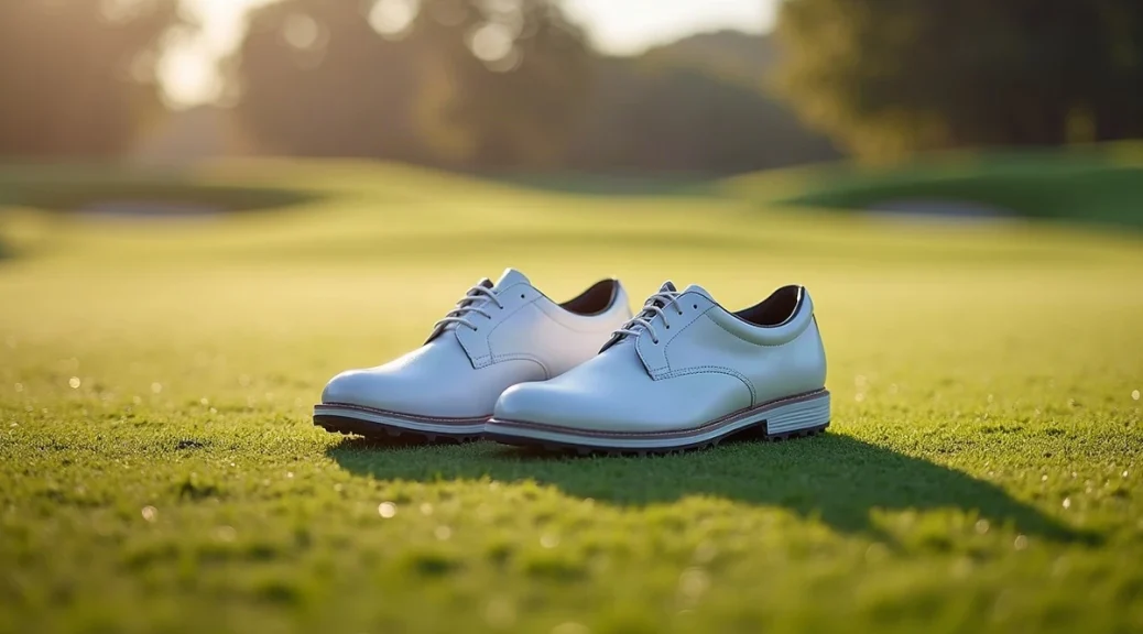 Two pairs of plain white golf shoes, one with cleated soles turned upward, resting side by side on dewy fairway grass in soft morning light