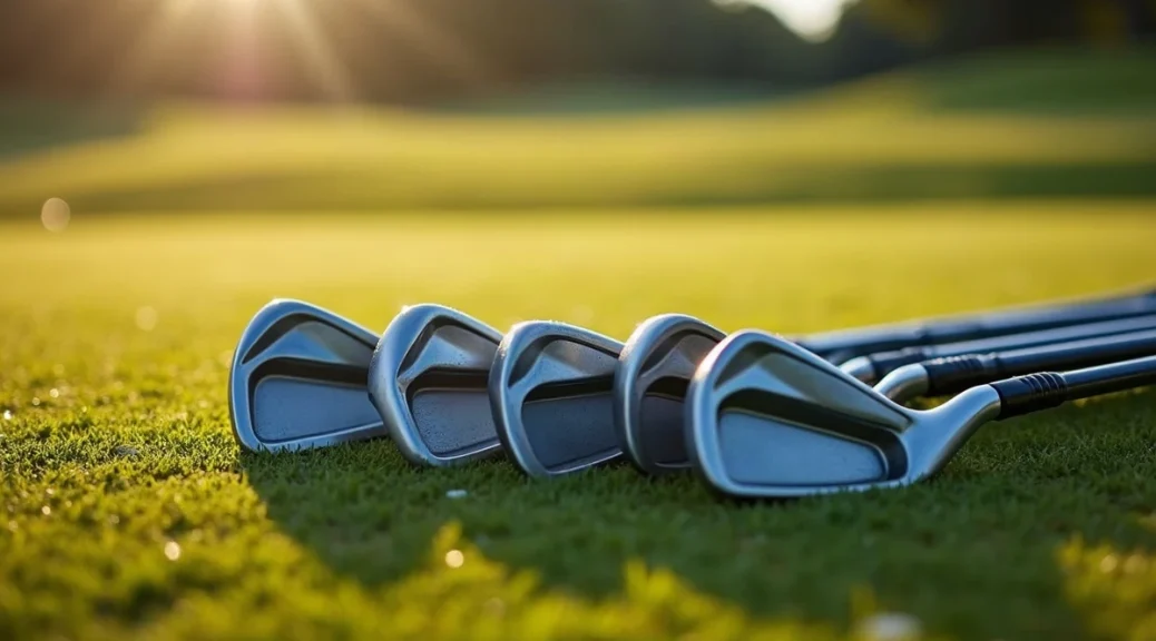 A set of golf irons lying in a neat overlapping row on short fairway grass, photographed from standing height a few paces away, steel heads glinting in low morning light, dew on the grass, a flag far off, nobody in the frame