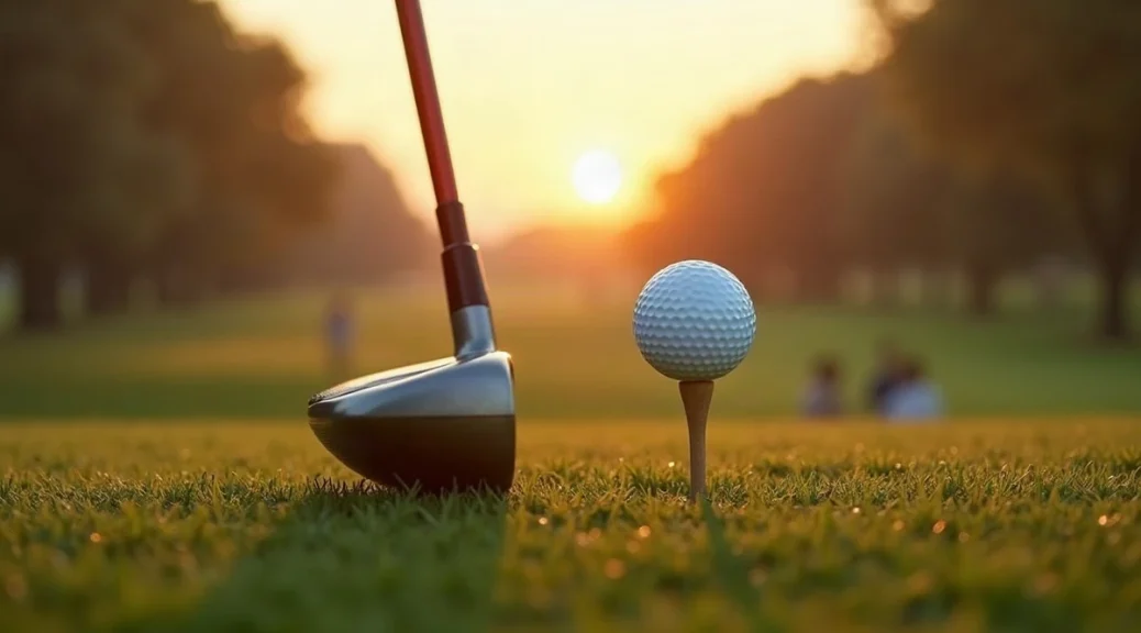 A plain unbranded driver resting on the turf behind a white ball on a wooden tee, on a tee box facing a wide fairway at sunrise