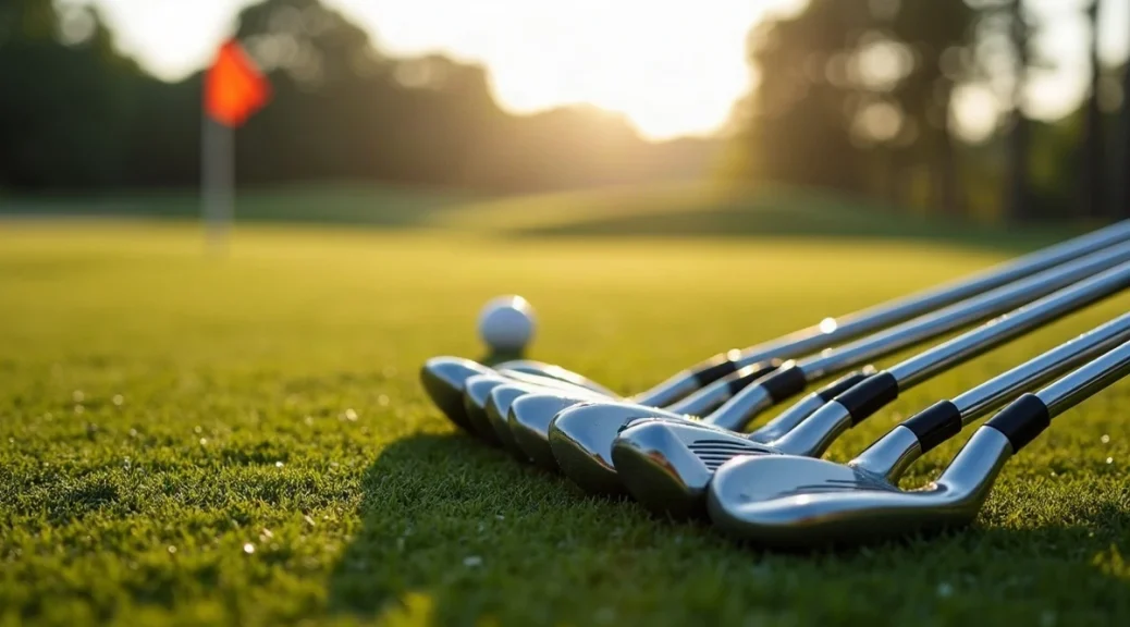 A set of golf irons lying in a row on short fairway grass in low morning light, a ball and a flag beyond