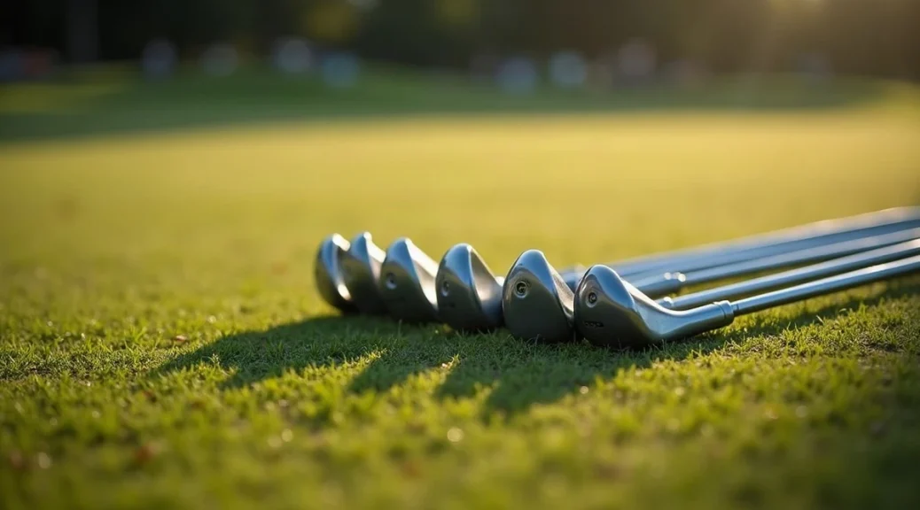A set of golf irons lying in a neat row on short fairway grass, steel heads glinting in low light