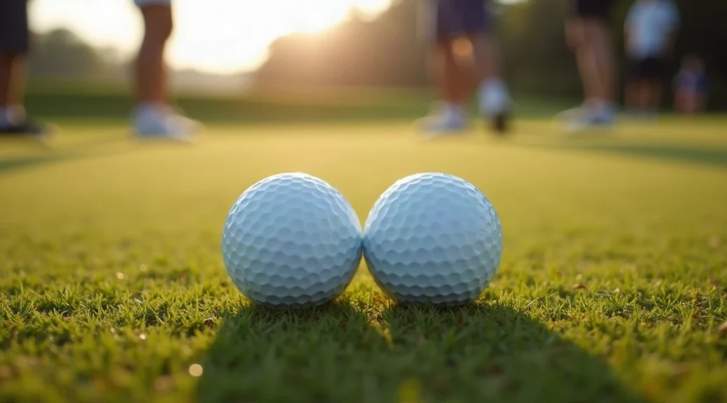 Two plain, unmarked white golf balls resting side by side on a closely mown fairway or green in soft morning light, with no tee, no hole and no people in the frame