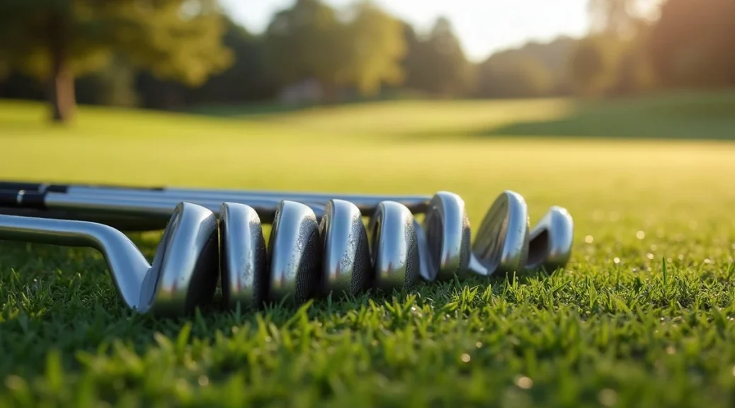 A set of golf irons lying in a neat overlapping row on short fairway grass, photographed from standing height a few paces away, steel heads glinting in low morning light, dew on the grass, a flag far off, nobody in the frame