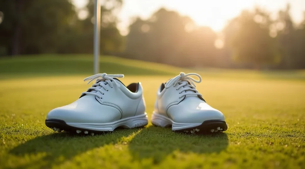 A pair of plain white spiked golf shoes resting side by side on dewy fairway grass in soft early-morning light, a flagstick blurred far in the background