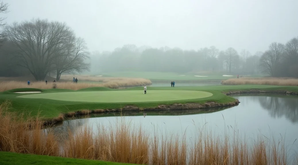 A par three green across a small lake in flat grey light, reeds in the foreground